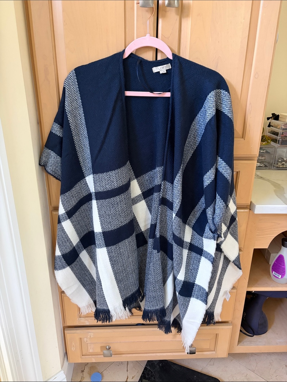 LOFT Navy and White Plaid Open-Front Poncho